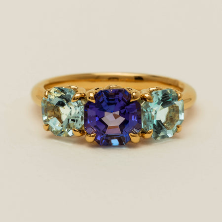 18ct Yellow Gold Tanzanite & Aquamarine Three Stone Octavia Ring - Ring - Walker & Hall