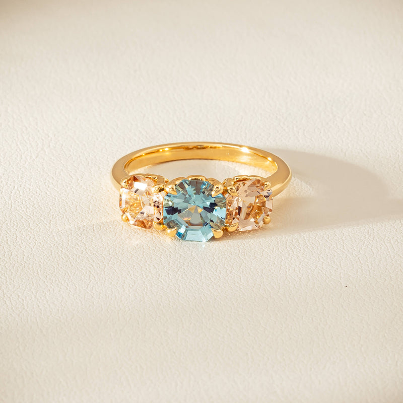 18ct Yellow Gold Aquamarine & Morganite Three Stone Octavia Ring - Ring - Walker & Hall