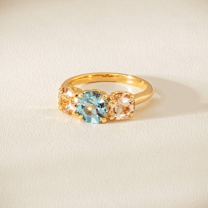 18ct Yellow Gold Aquamarine & Morganite Three Stone Octavia Ring - Ring - Walker & Hall