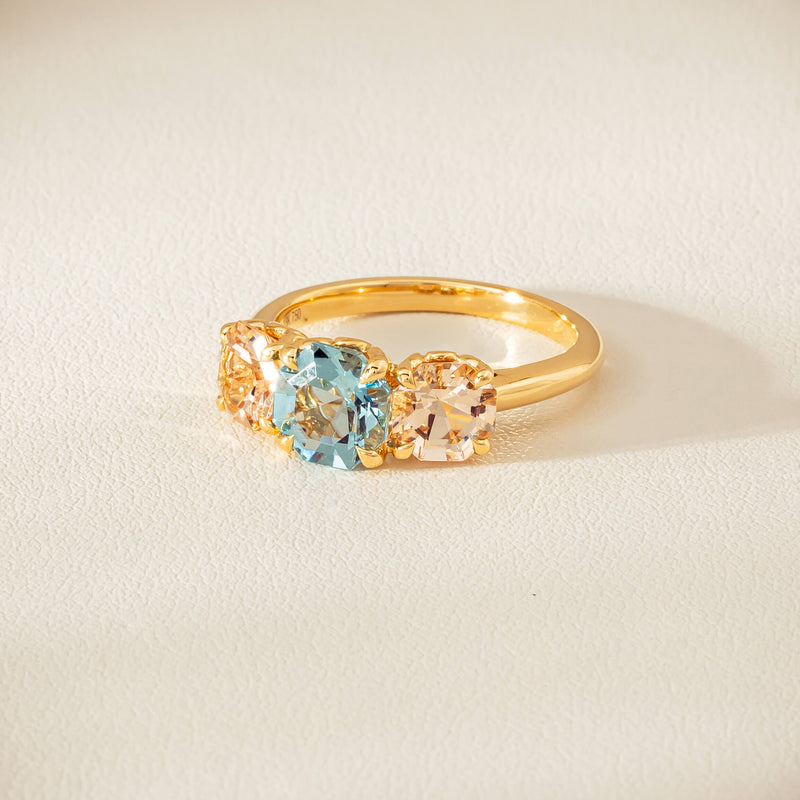 18ct Yellow Gold Aquamarine & Morganite Three Stone Octavia Ring - Ring - Walker & Hall