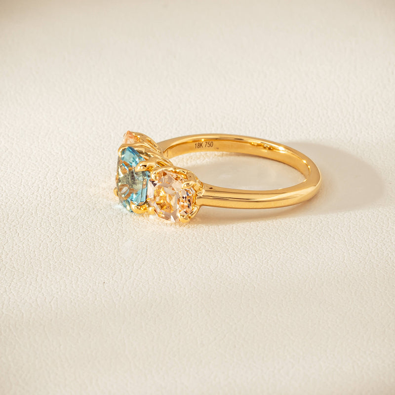 18ct Yellow Gold Aquamarine & Morganite Three Stone Octavia Ring - Ring - Walker & Hall