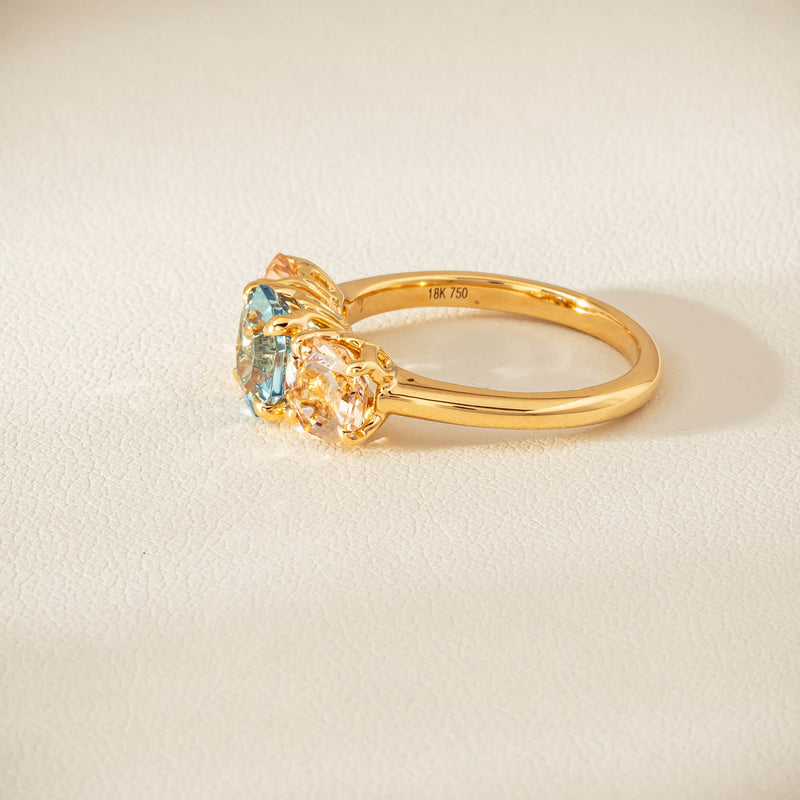 18ct Yellow Gold Aquamarine & Morganite Three Stone Octavia Ring - Ring - Walker & Hall