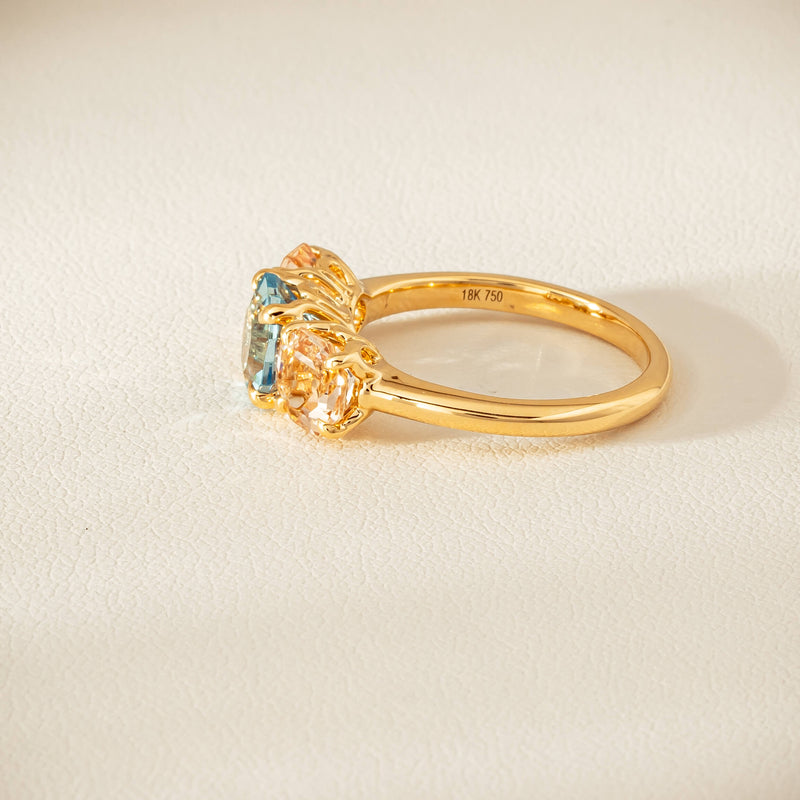 18ct Yellow Gold Aquamarine & Morganite Three Stone Octavia Ring - Ring - Walker & Hall