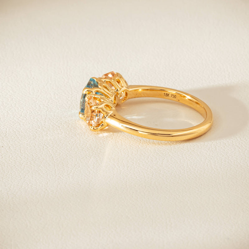 18ct Yellow Gold Aquamarine & Morganite Three Stone Octavia Ring - Ring - Walker & Hall
