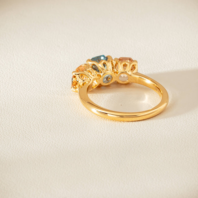 18ct Yellow Gold Aquamarine & Morganite Three Stone Octavia Ring - Ring - Walker & Hall