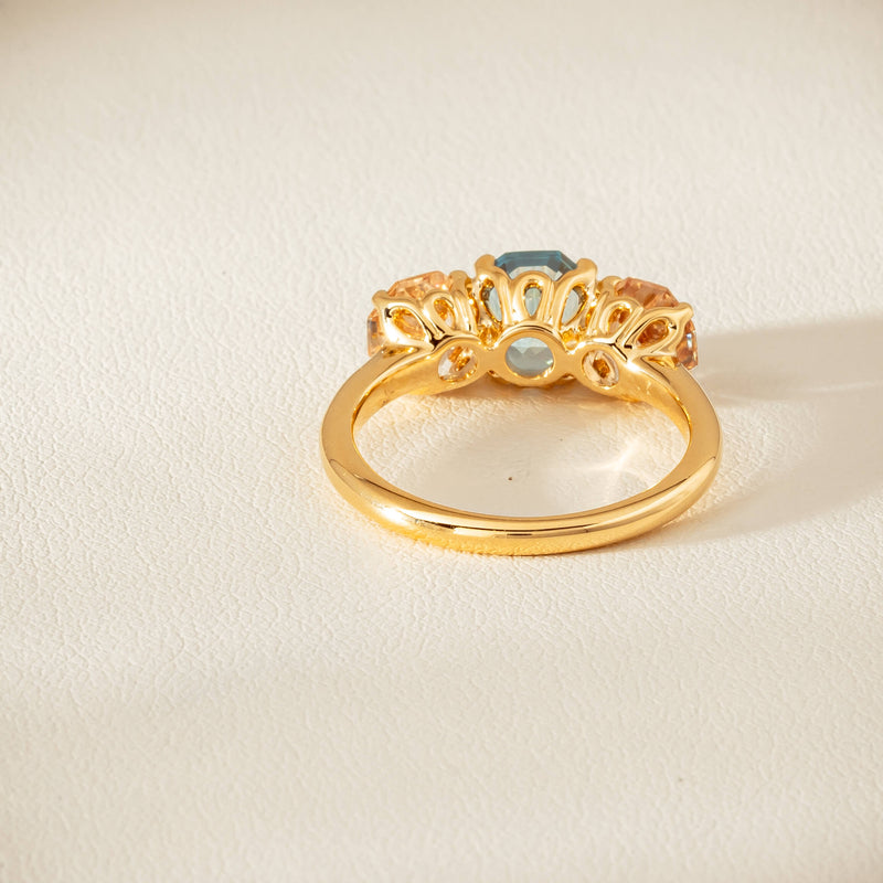 18ct Yellow Gold Aquamarine & Morganite Three Stone Octavia Ring - Ring - Walker & Hall