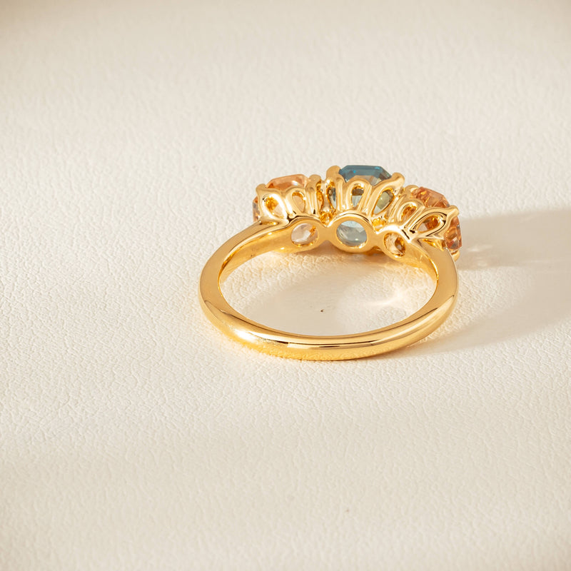 18ct Yellow Gold Aquamarine & Morganite Three Stone Octavia Ring - Ring - Walker & Hall