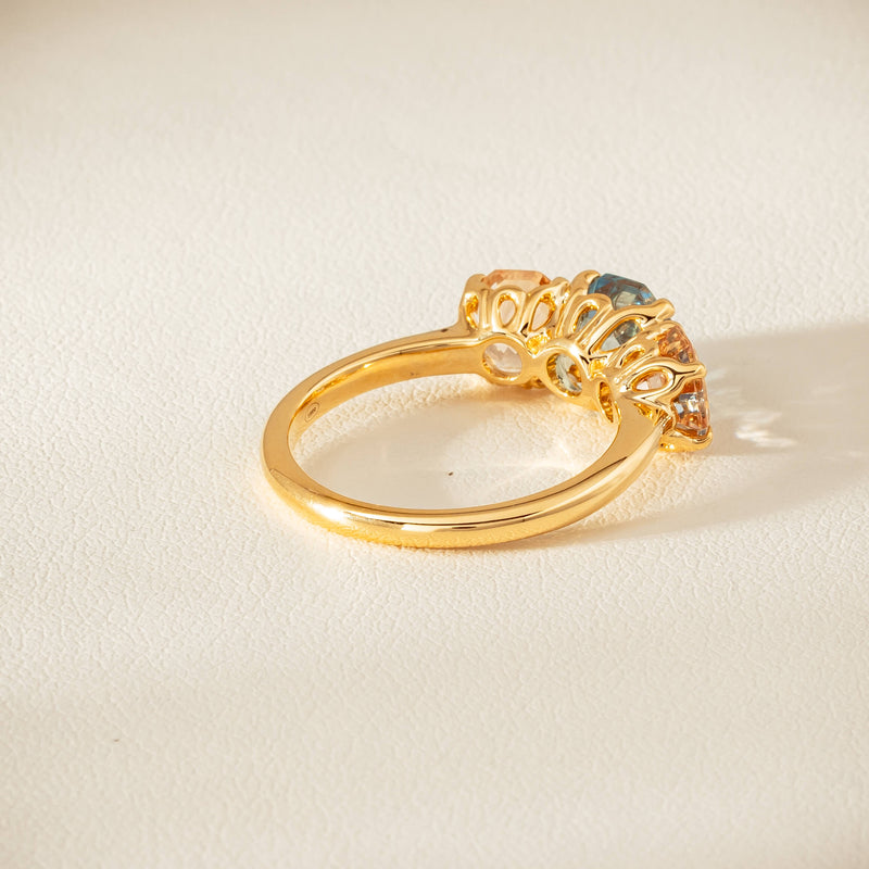 18ct Yellow Gold Aquamarine & Morganite Three Stone Octavia Ring - Ring - Walker & Hall
