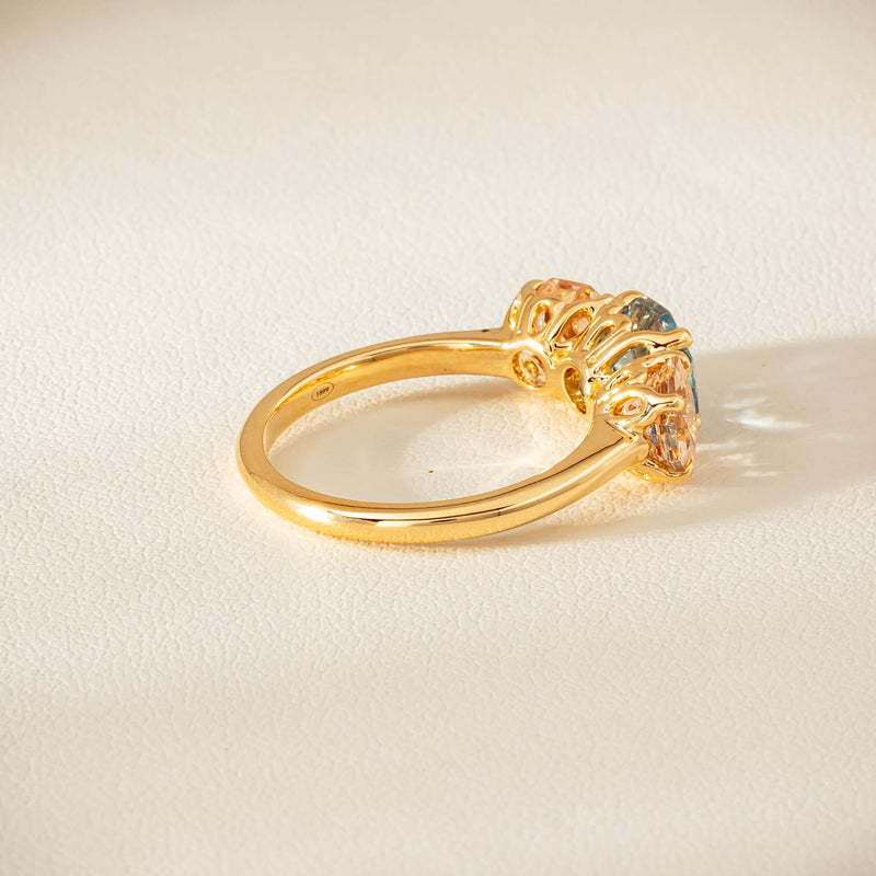 18ct Yellow Gold Aquamarine & Morganite Three Stone Octavia Ring - Ring - Walker & Hall