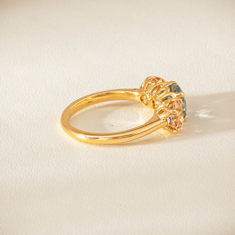18ct Yellow Gold Aquamarine & Morganite Three Stone Octavia Ring - Ring - Walker & Hall