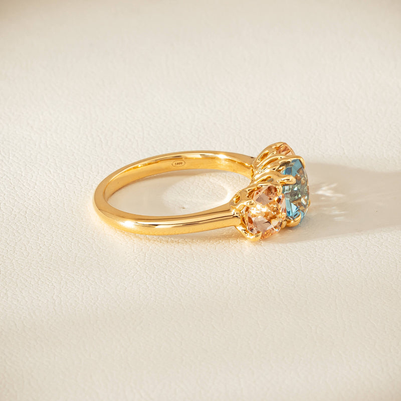 18ct Yellow Gold Aquamarine & Morganite Three Stone Octavia Ring - Ring - Walker & Hall