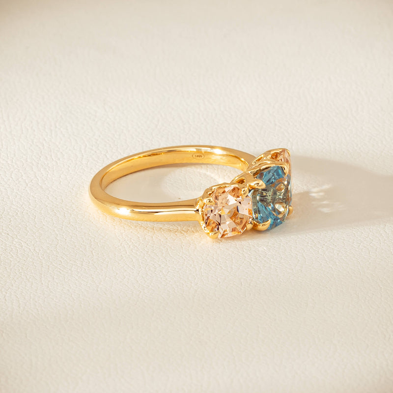 18ct Yellow Gold Aquamarine & Morganite Three Stone Octavia Ring - Ring - Walker & Hall