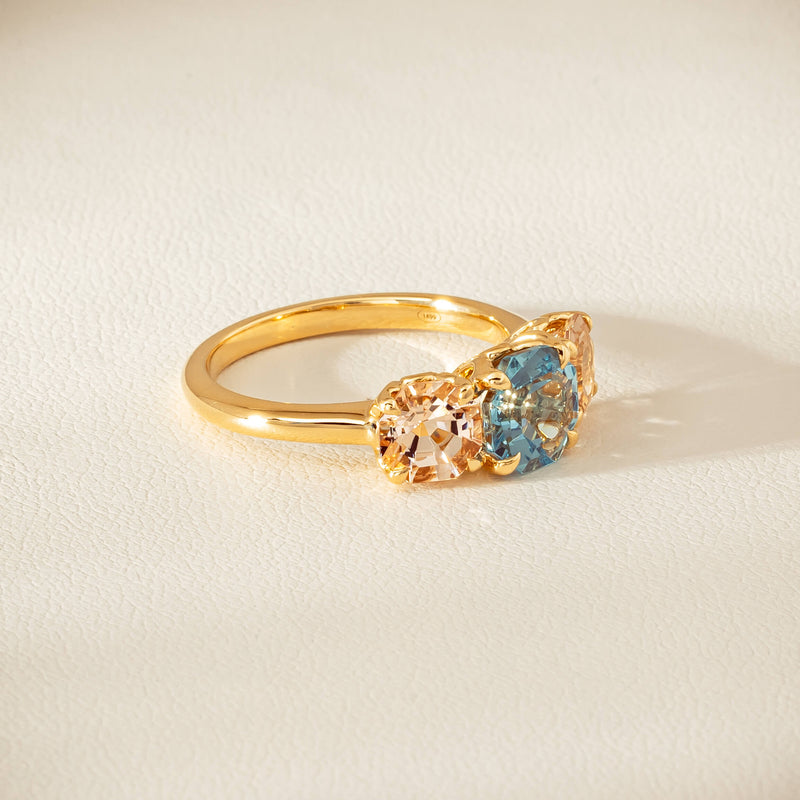 18ct Yellow Gold Aquamarine & Morganite Three Stone Octavia Ring - Ring - Walker & Hall