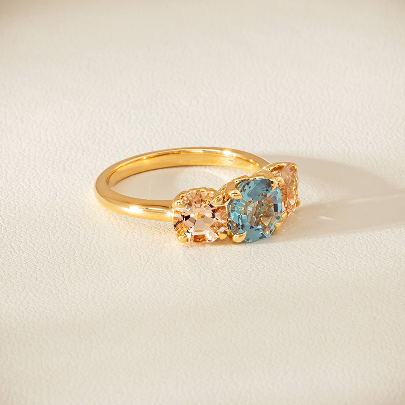 18ct Yellow Gold Aquamarine & Morganite Three Stone Octavia Ring - Ring - Walker & Hall