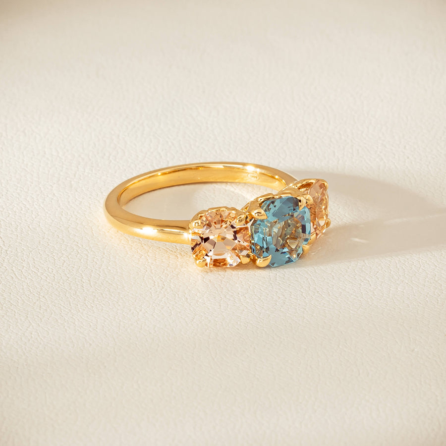 18ct Yellow Gold Aquamarine & Morganite Three Stone Octavia Ring - Ring - Walker & Hall