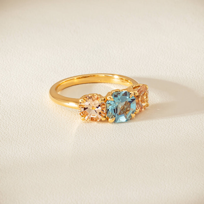 18ct Yellow Gold Aquamarine & Morganite Three Stone Octavia Ring - Ring - Walker & Hall