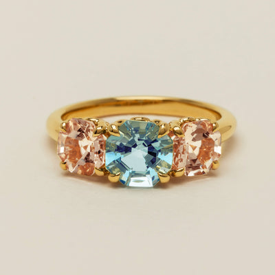18ct Yellow Gold Aquamarine & Morganite Three Stone Octavia Ring - Ring - Walker & Hall
