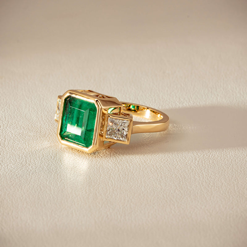 18ct Yellow Gold 5.07ct Emerald & Princess-Cut Diamond Ring - Ring - Walker & Hall