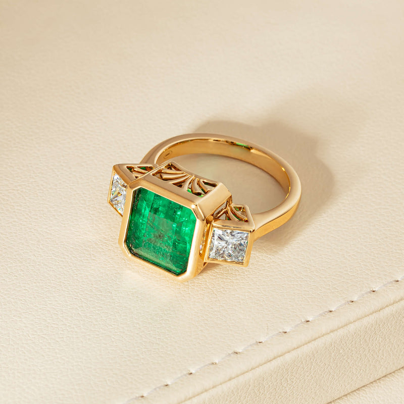 18ct Yellow Gold 5.07ct Emerald & Princess-Cut Diamond Ring - Ring - Walker & Hall