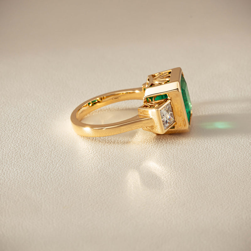 18ct Yellow Gold 5.07ct Emerald & Princess-Cut Diamond Ring - Ring - Walker & Hall