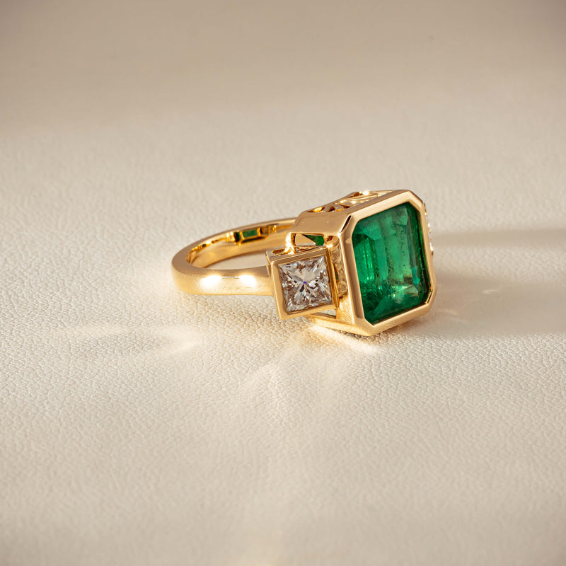 18ct Yellow Gold 5.07ct Emerald & Princess-Cut Diamond Ring - Ring - Walker & Hall