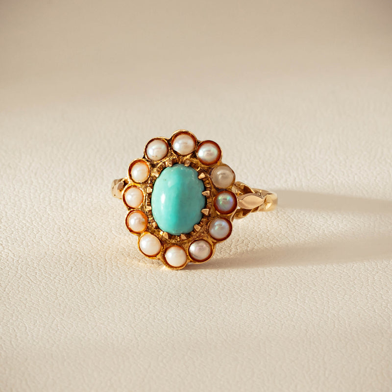 Deja Vu 9ct Yellow Gold Turquoise & Seed Pearl Ring - Ring - Walker & Hall