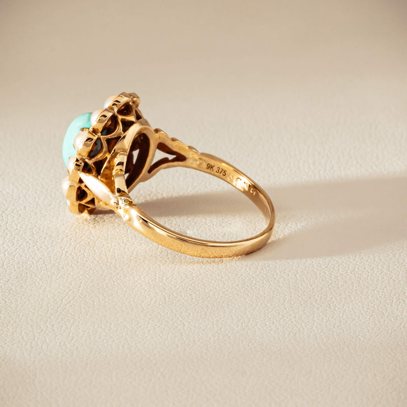 Deja Vu 9ct Yellow Gold Turquoise & Seed Pearl Ring - Ring - Walker & Hall