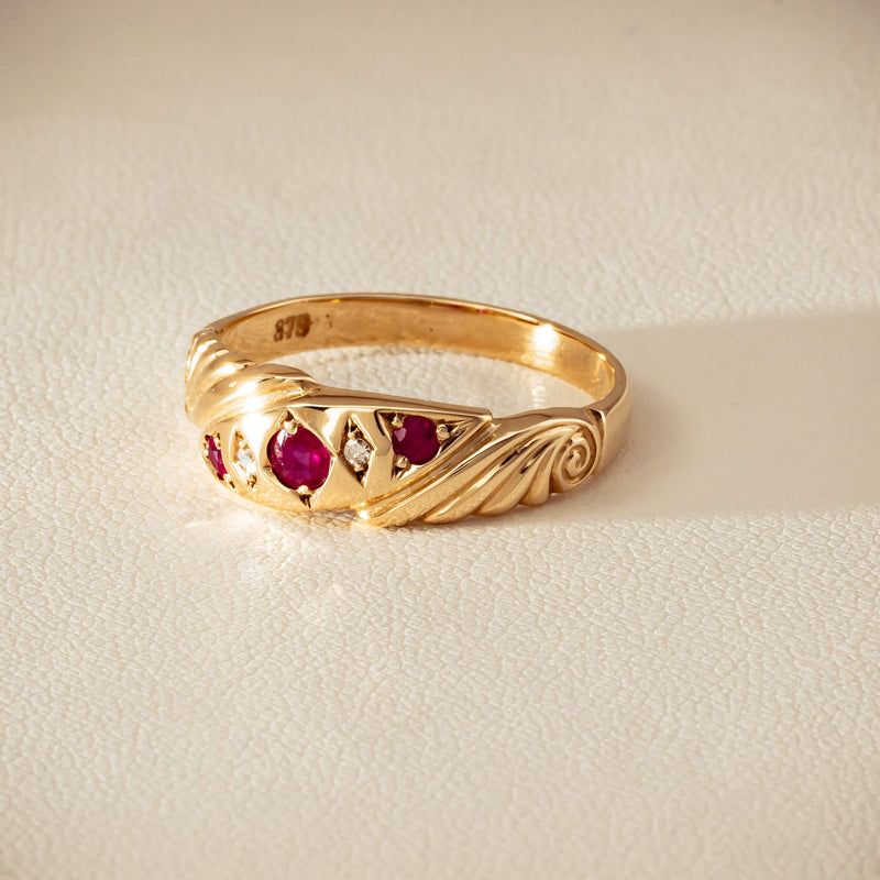 Deja Vu 9ct Yellow Gold Ruby & Diamond Scroll Ring - Ring - Walker & Hall