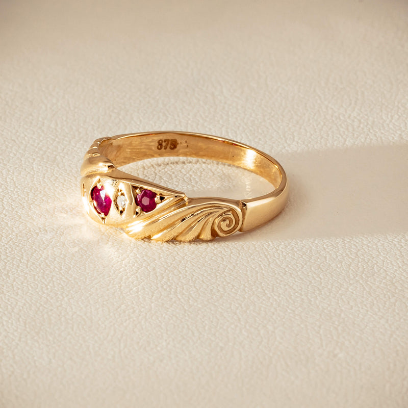 Deja Vu 9ct Yellow Gold Ruby & Diamond Scroll Ring - Ring - Walker & Hall