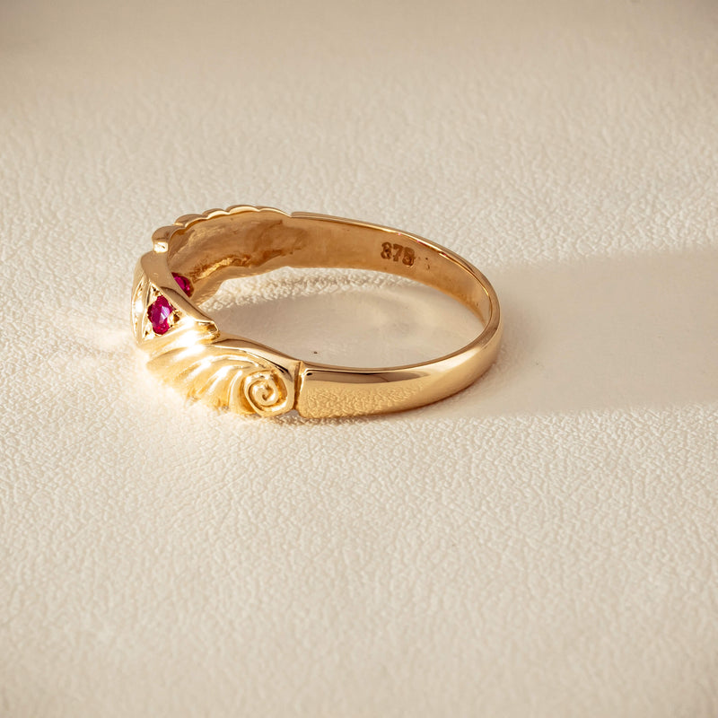 Deja Vu 9ct Yellow Gold Ruby & Diamond Scroll Ring - Ring - Walker & Hall