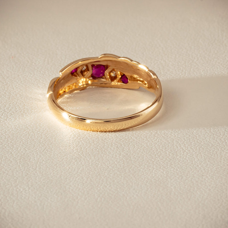 Deja Vu 9ct Yellow Gold Ruby & Diamond Scroll Ring - Ring - Walker & Hall