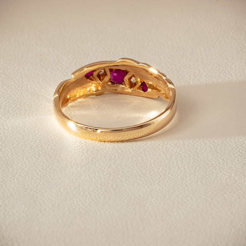 Deja Vu 9ct Yellow Gold Ruby & Diamond Scroll Ring - Ring - Walker & Hall