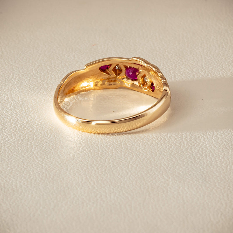 Deja Vu 9ct Yellow Gold Ruby & Diamond Scroll Ring - Ring - Walker & Hall