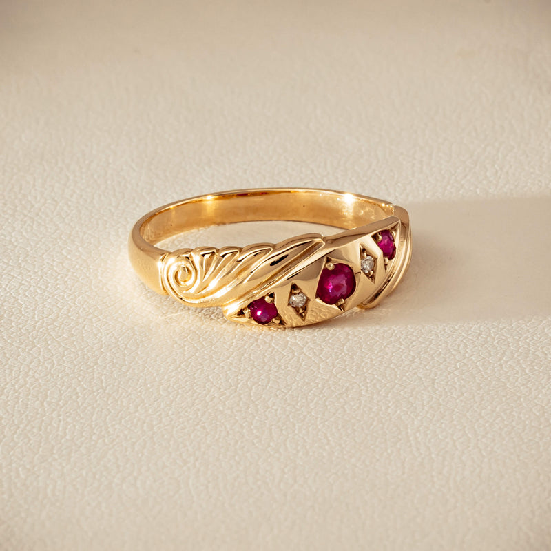 Deja Vu 9ct Yellow Gold Ruby & Diamond Scroll Ring - Ring - Walker & Hall
