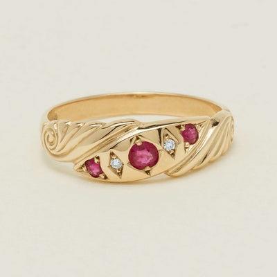 Deja Vu 9ct Yellow Gold Ruby & Diamond Scroll Ring - Ring - Walker & Hall