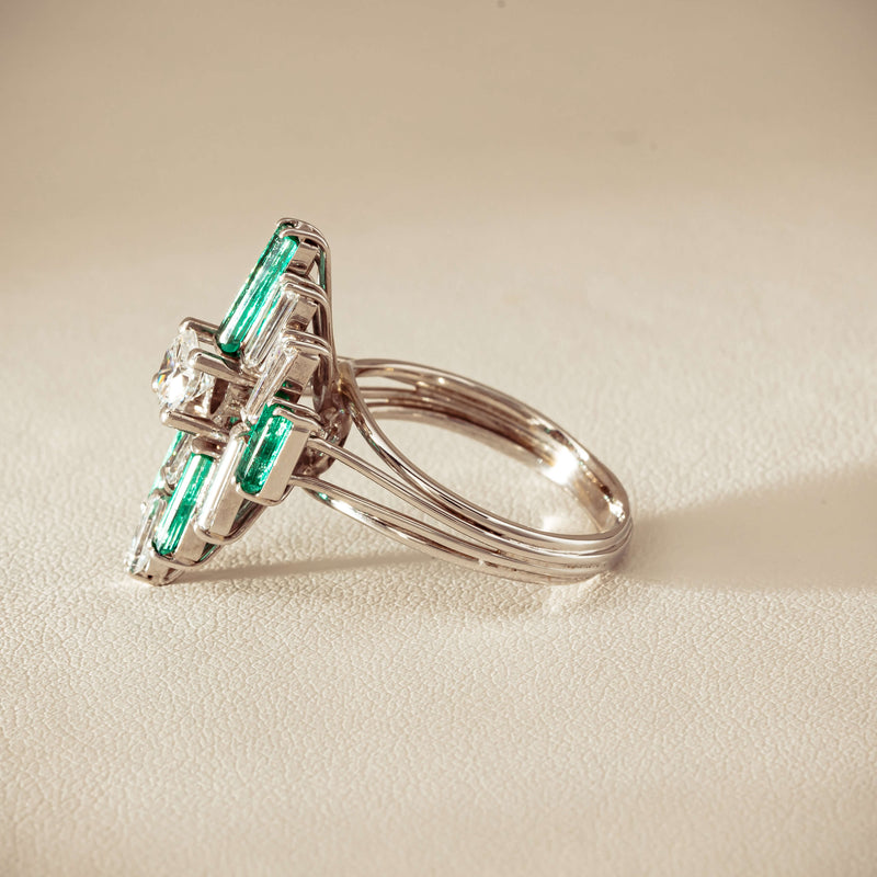 Vintage 18ct White Gold Diamond & Emerald Cluster Ring - Ring - Walker & Hall