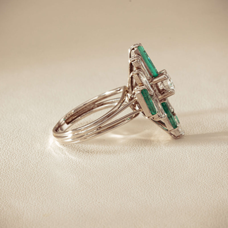 Vintage 18ct White Gold Diamond & Emerald Cluster Ring - Ring - Walker & Hall