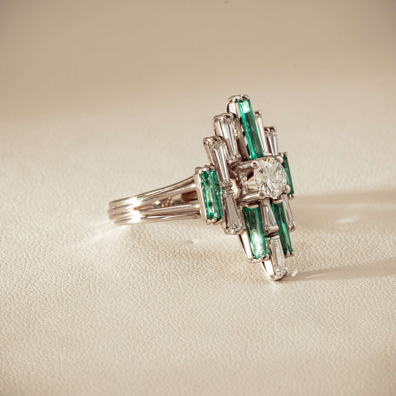 Vintage 18ct White Gold Diamond & Emerald Cluster Ring - Ring - Walker & Hall