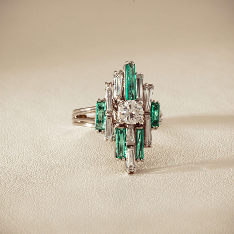 Vintage 18ct White Gold Diamond & Emerald Cluster Ring - Ring - Walker & Hall
