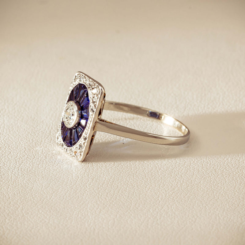 Vintage 15ct/18ct White Gold Diamond & Sapphire Ring - Ring - Walker & Hall