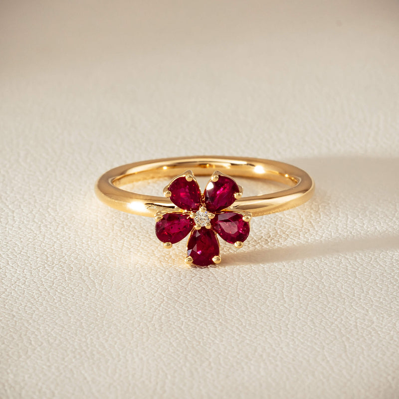 18ct Yellow Gold Ruby & Diamond Forget-Me-Not Ring - Ring - Walker & Hall