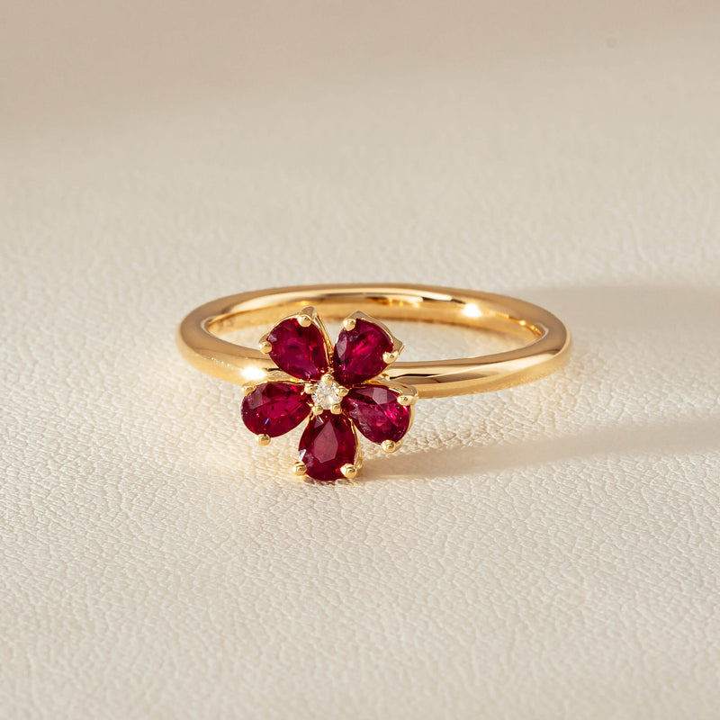 18ct Yellow Gold Ruby & Diamond Forget-Me-Not Ring - Ring - Walker & Hall