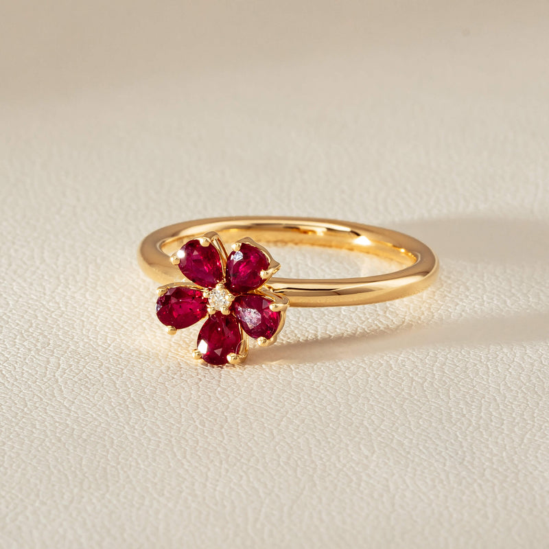 18ct Yellow Gold Ruby & Diamond Forget-Me-Not Ring - Ring - Walker & Hall