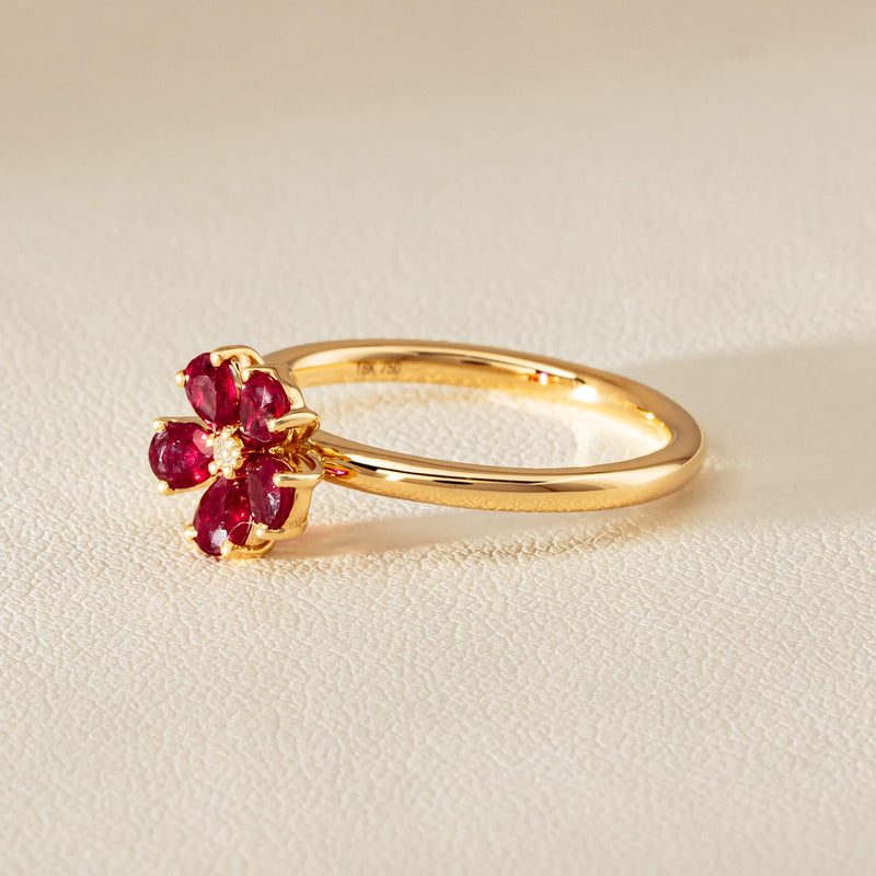 18ct Yellow Gold Ruby & Diamond Forget-Me-Not Ring - Ring - Walker & Hall