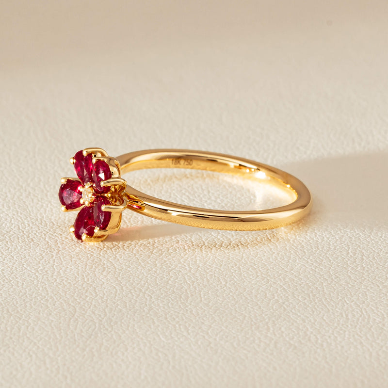 18ct Yellow Gold Ruby & Diamond Forget-Me-Not Ring - Ring - Walker & Hall