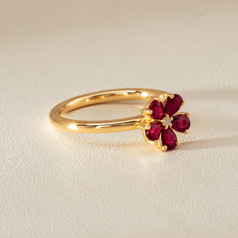 18ct Yellow Gold Ruby & Diamond Forget-Me-Not Ring - Ring - Walker & Hall