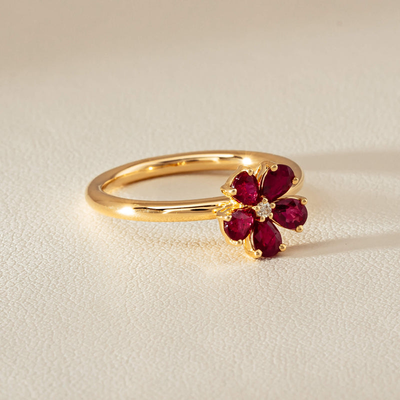 18ct Yellow Gold Ruby & Diamond Forget-Me-Not Ring - Ring - Walker & Hall