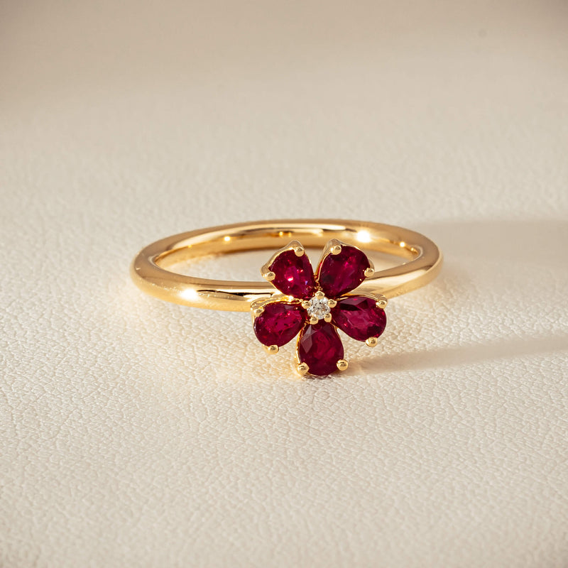 18ct Yellow Gold Ruby & Diamond Forget-Me-Not Ring - Ring - Walker & Hall