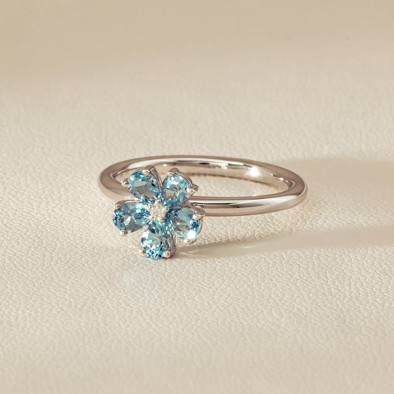 18ct White Gold Aquamarine & Diamond Forget-Me-Not Ring - Ring - Walker & Hall
