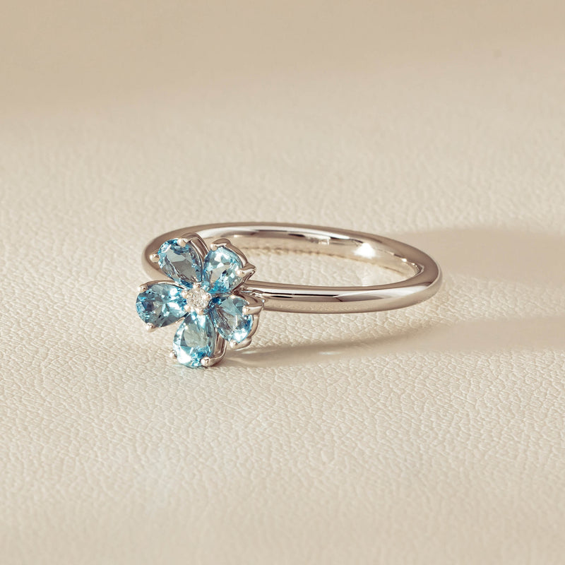 18ct White Gold Aquamarine & Diamond Forget-Me-Not Ring - Ring - Walker & Hall